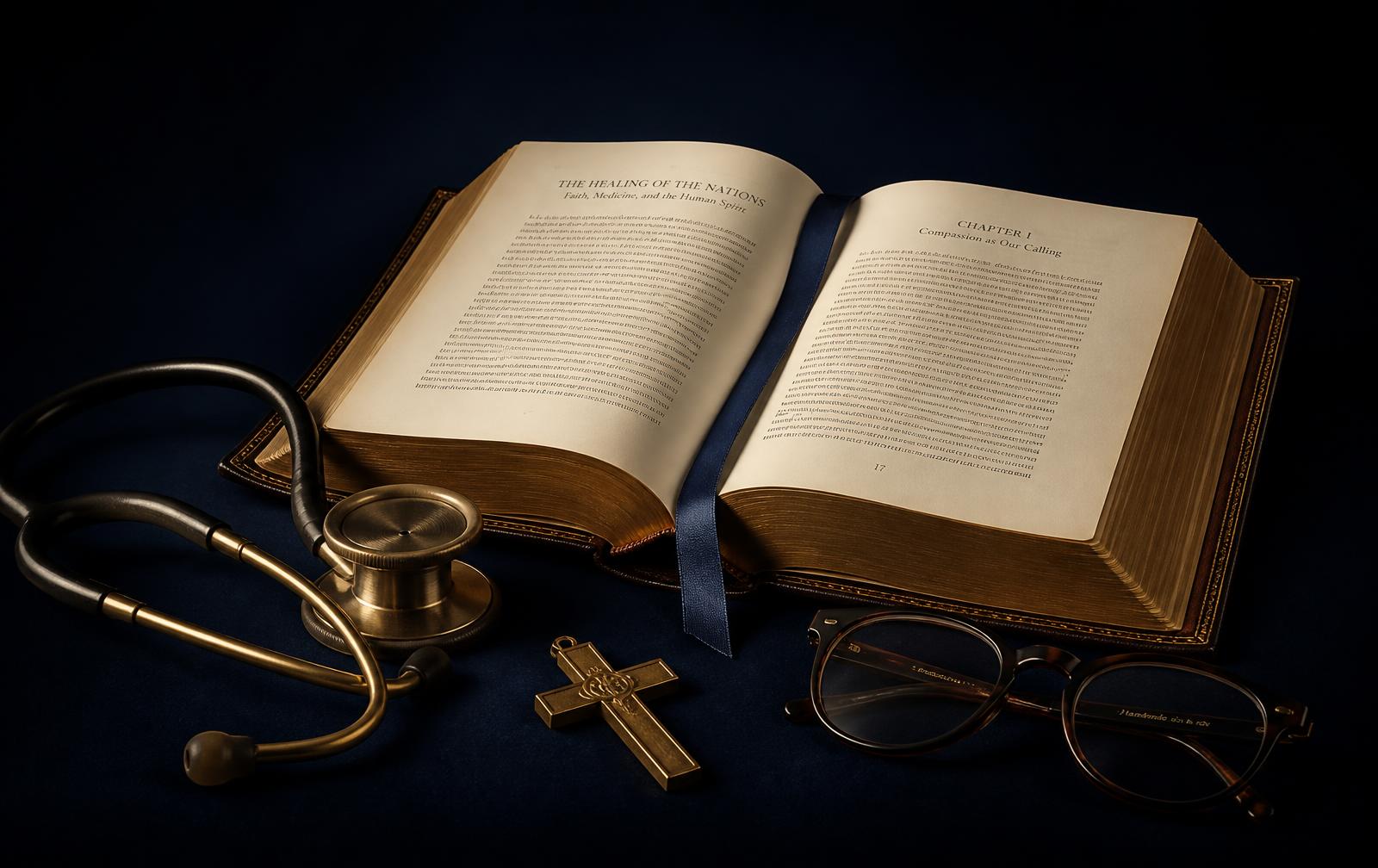 A stethoscope, an open book, a brass cross and reading glasses on deep navy