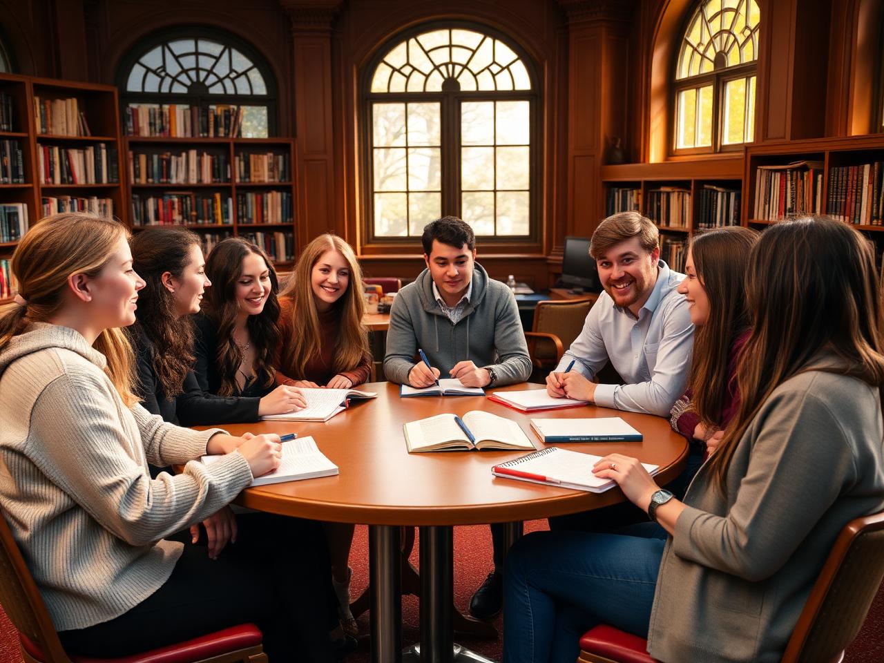 Students in discussion around a library table