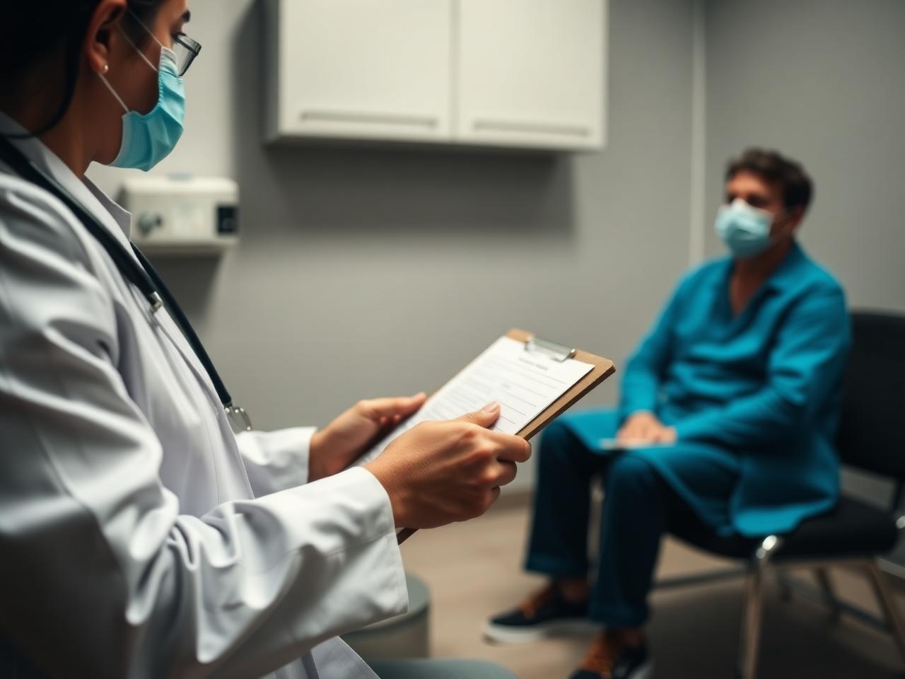 A clinician with a clipboard facing a seated patient