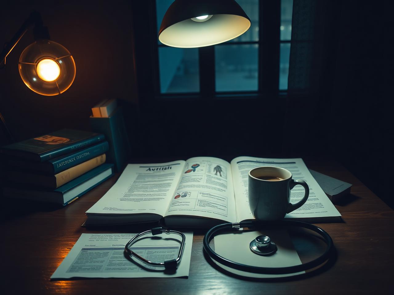 Medical textbooks and a stethoscope on a desk under lamplight