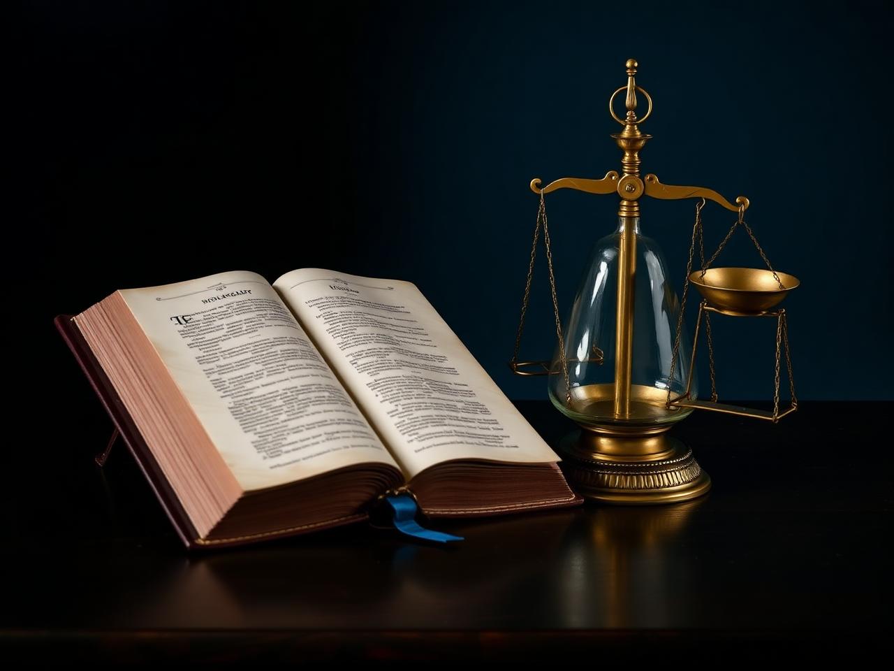 An open book beside a brass balance scale