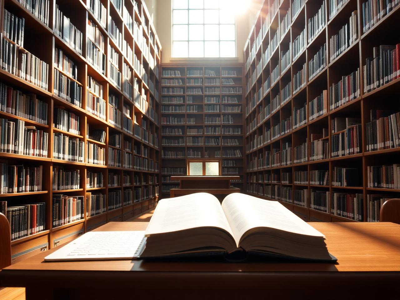 A sunlit research library reading desk