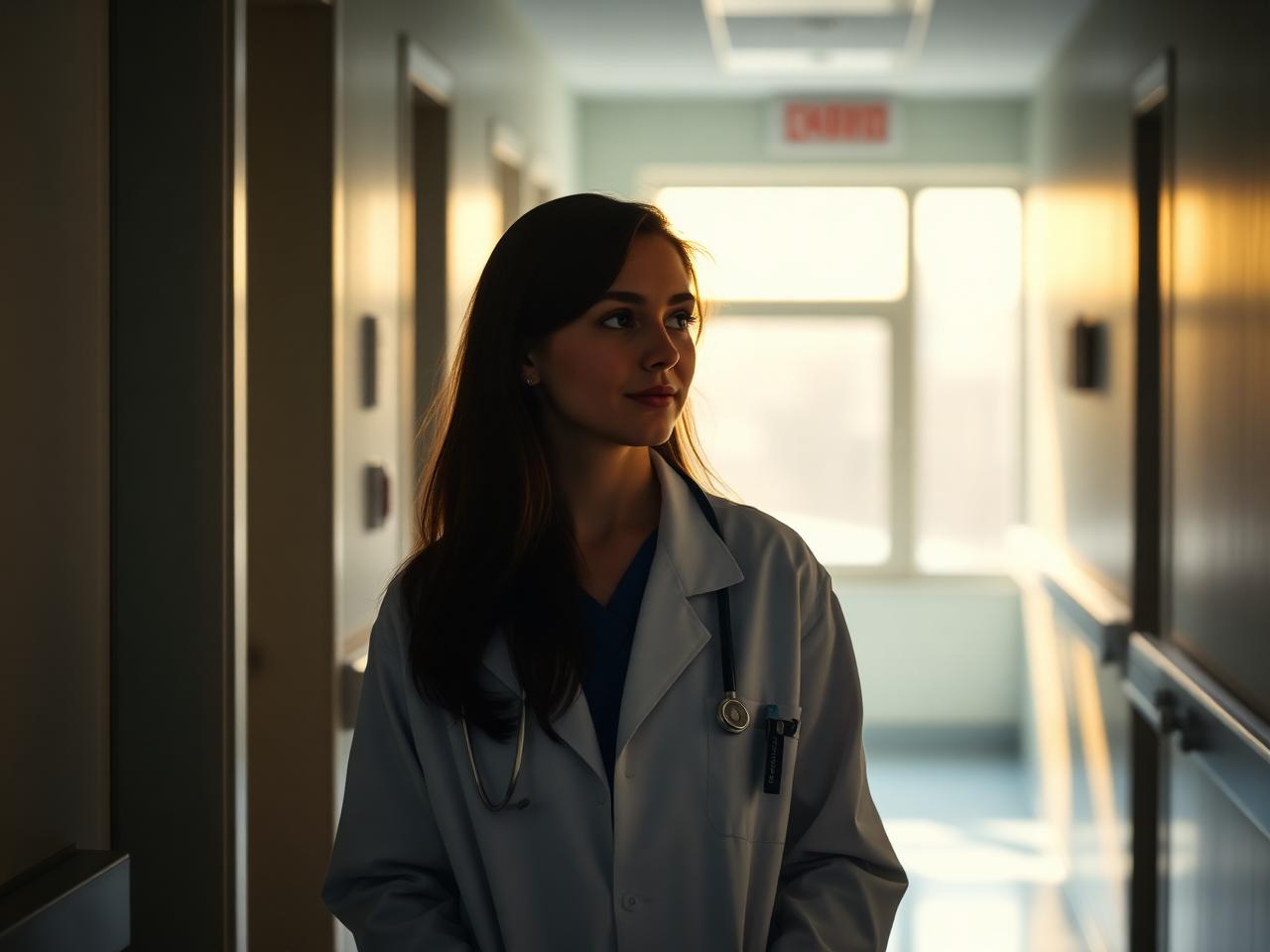 A medical student in a white coat pauses in a hospital hallway